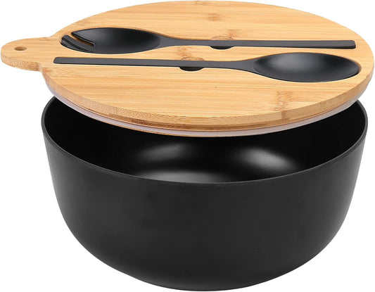 ShineMe Salad Bowl with Lid, 125oz Black Large Salad Mixing Bowl Set with Utensils, Bamboo Fiber Airtight Kitchen Bowl for Storing, & Mixing & Serving & Travelling Indoor & Outdoor