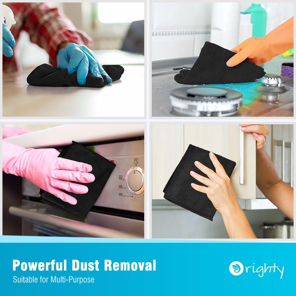 Orighty Microfiber Cleaning Cloth, 12 Pack Highly Absorbent Cleaning Supplies, Lint Free Cloths for Multiple-use, Powerful Dust Removal Clean Rags for House, Kitchen, Car Care(12x12 inch) Black