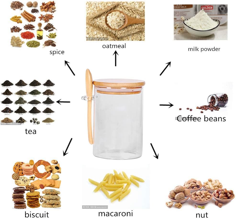 Glass Jar with Bamboo Lid and Spoon, 3 Pack 16 OZ Tea Containers for Loose Leaf Tea, Salt and Sugar Containers for Countertop, Yogurt Jars for Overnight Oatmeal