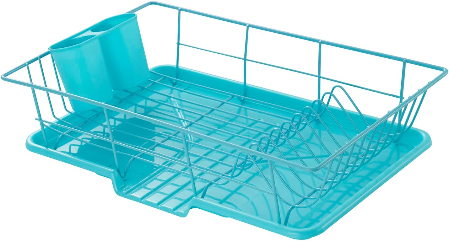 Space-Saving 3-Piece Dish Drainer Rack Set: Efficient Kitchen Organizer for Quick Drying and Storage - Includes Cutlery Holder and Drainboard - Maximize Countertop Space, Turquoise Blue