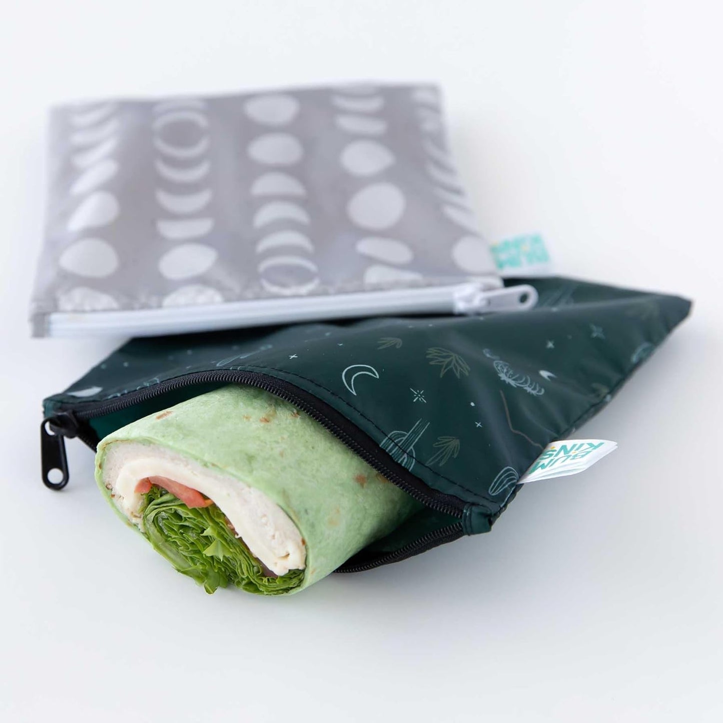 Bumkins - Cloth Snack & Sandwich Bags -For Storage, Travel, Food Prep, Lunch -Reusable, Water Resistant, Washable, Dishwasher Safe -Snack Bags for Kids -Zipper Closure -Desert Dk. Green & Gray -4 Pack