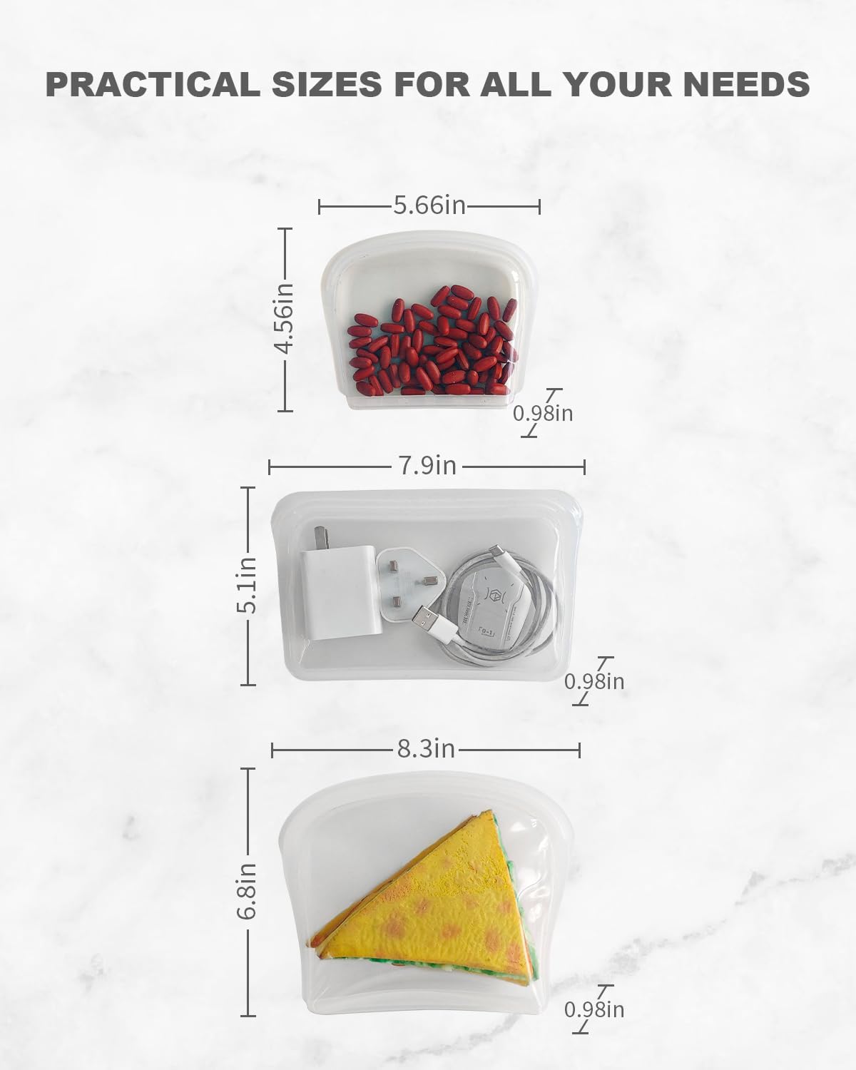 Reusable Silicone Storage Bag, 6 Packs Pocket, Snack, and Sandwich Bag, Endurables Seal-Top Silicone Bags for Food Storage, Freezer, Microwave, Oven, Dishwasher Safe (Clear & Rose Quartz)