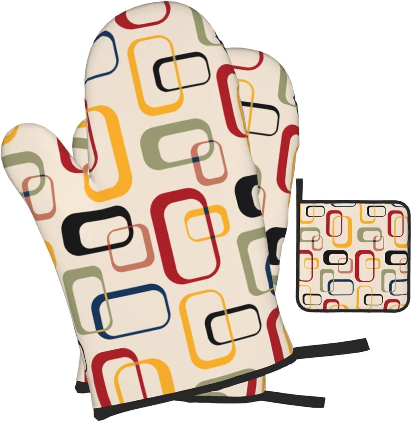 Mid Century Modern Retro Oven Mitts and Pot Holders Sets of 3 Vintage Decorative Heat Resistant Non Slip BBQ Gloves for Cooking Grilling Baking Kitchen Decor