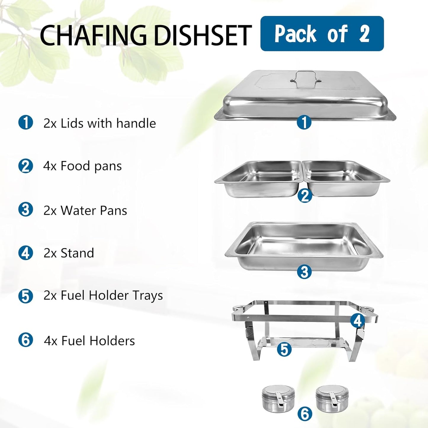 Chafing Dish for Buffet, 2 Pack Stainless Steel Chafing Servers Food Warmer Set with 8QT Half Size Food Pan for Kitchen Party Banquet Dining