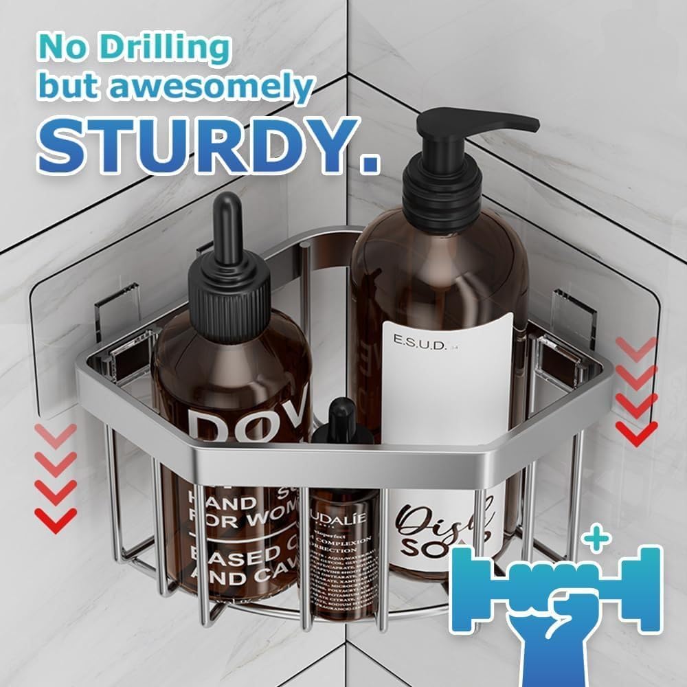 Sponge Holder Corner Sink Caddy Sink Organizer for Kitchen Bathroom Stainless Steel Triangle Soap Holder with 2 Pcs Adhesive Hook(L)