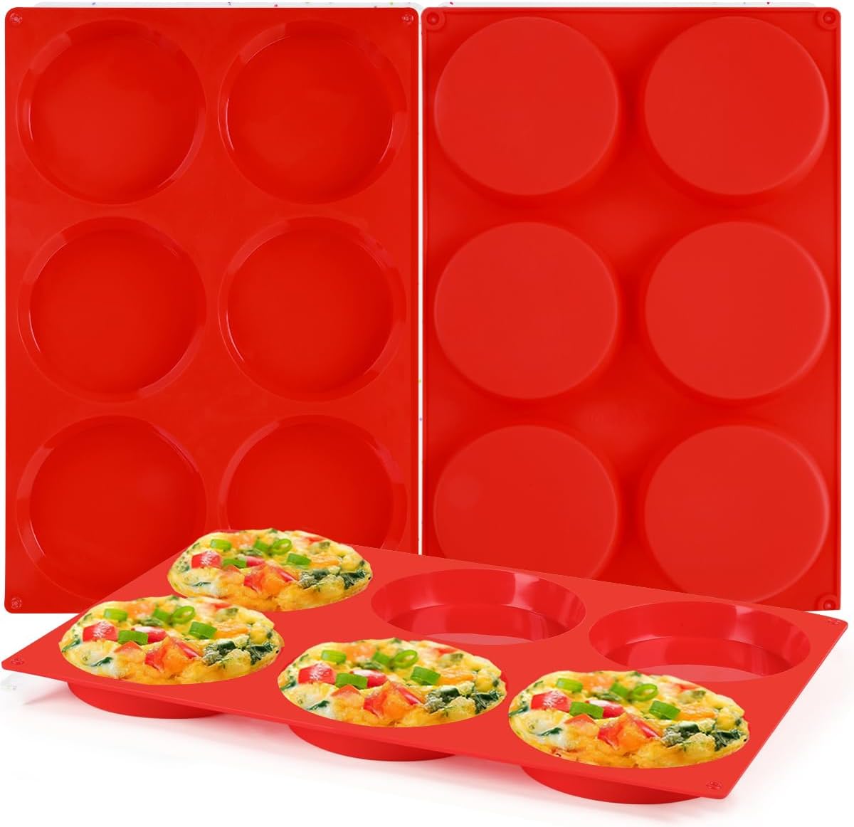 CAKETIME Muffin Top Pan, Jumbo Silicone Egg Molds for Breakfast Sandwiches 4 Inch Round Baking Pan for Oven English Muffins, Whoopie Pies, Corn Bread, Egg bites, Tarts 3 Pack Red
