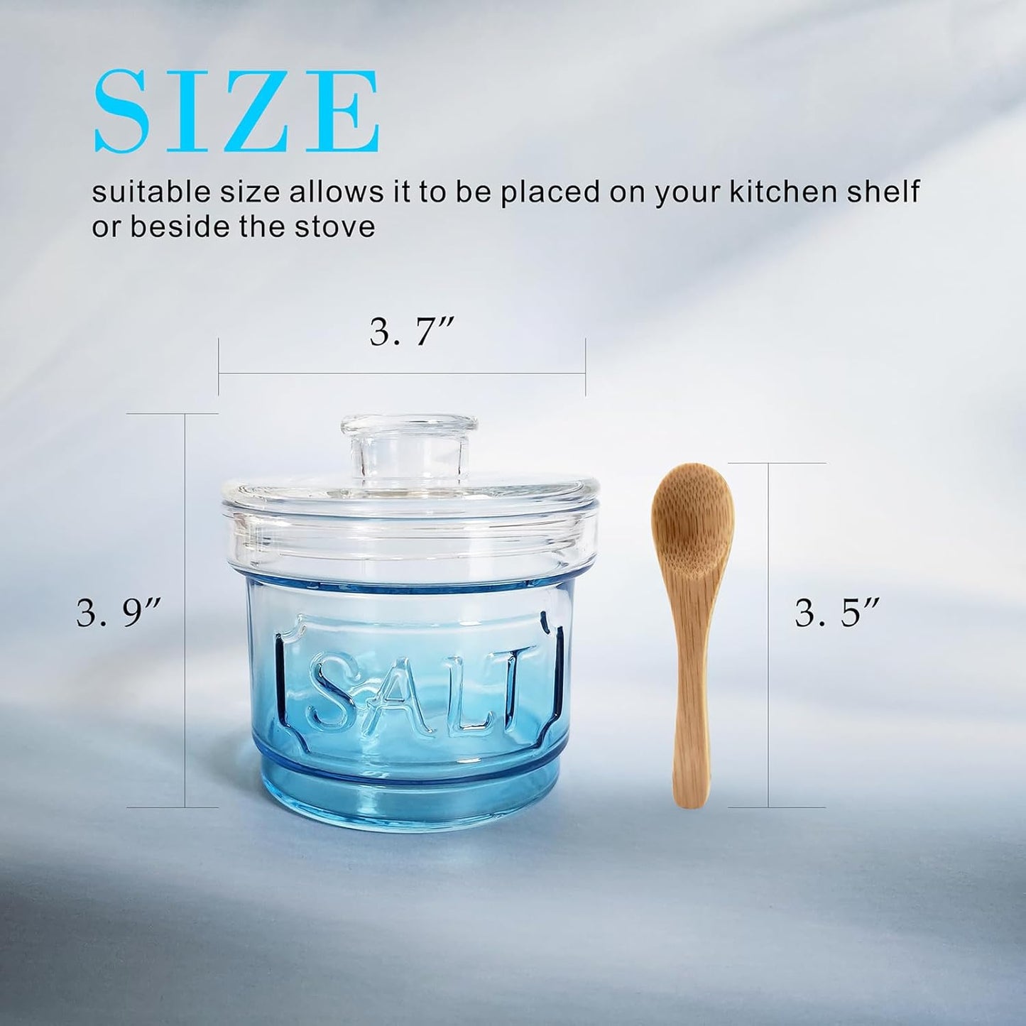 Glass Salt Cellar with Lid Salt Container with Spoon for Countertop Embossed Pattern Salt Box for Storing Sea Salt Flaky Salt Spice 12oz Capacity Holder,Gradient Blue