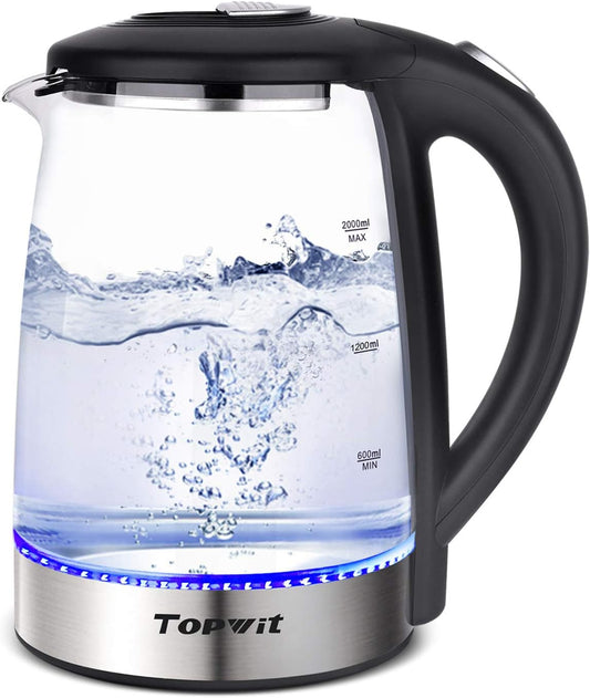 TOPWIT Electric Kettle Glass Hot Water Kettle, 2.0L Water Warmer, BPA-Free Stainless Steel Lid & Bottom, Tea Kettle with Fast Heating, Auto Shut-Off & Boil Dry Protection
