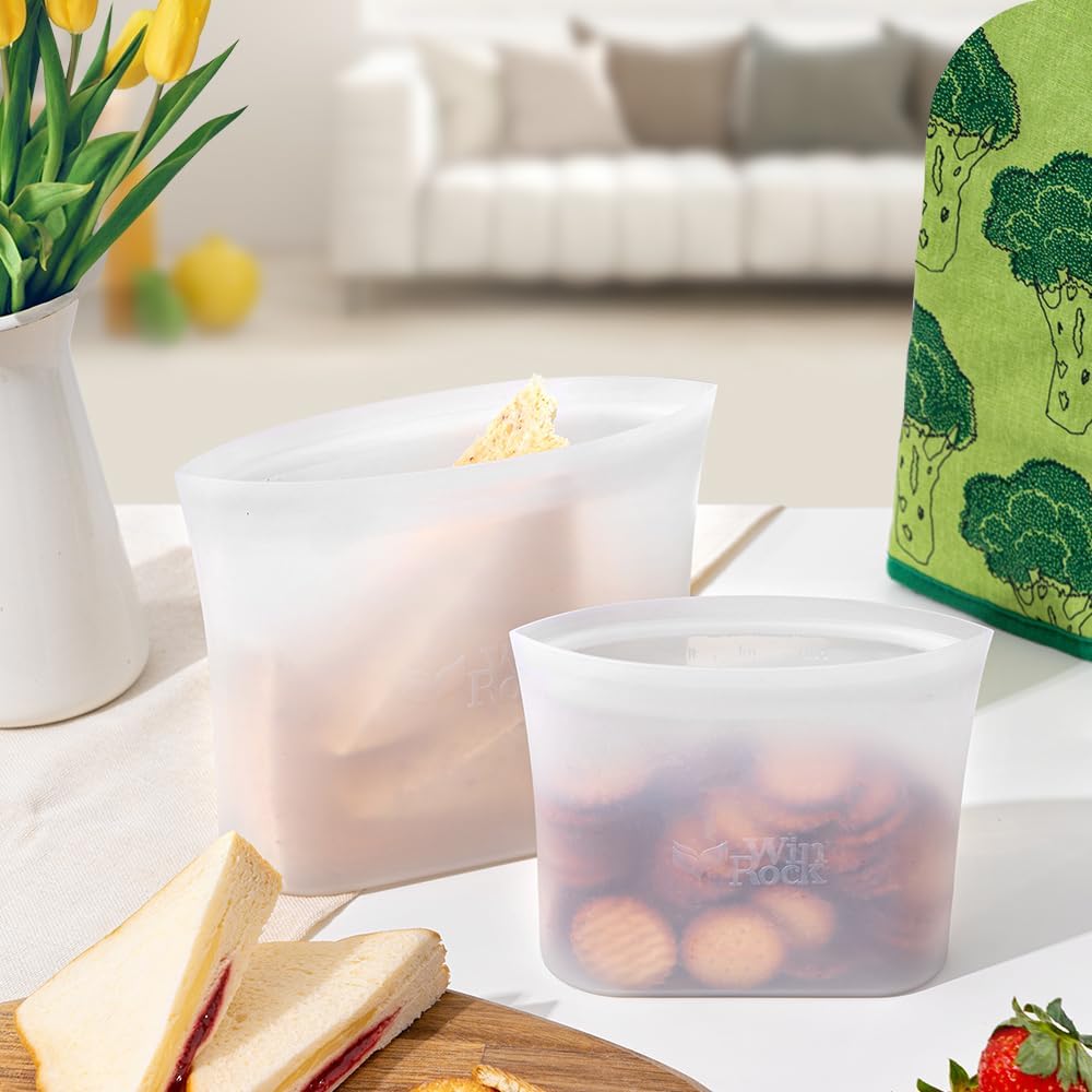 Reusable 100% Silicone Food Storage Bags, Sandwich Snack Bags New Generation Stand Up Zip Container for Soup and Leftovers, Plastice & BPA Free, Microwave Oven Safe 3 Pack (51oz, 34oz, 17oz)