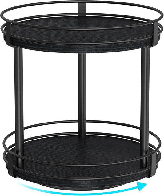 Snughome Lazy Susan Spice Rack, 2 Tier Rotating Spice Rack, Wood Lazy Susan Organizer for Cabinet, Black Kitchen Counter Shelf, 10.2" x 10.2" x 10.4"