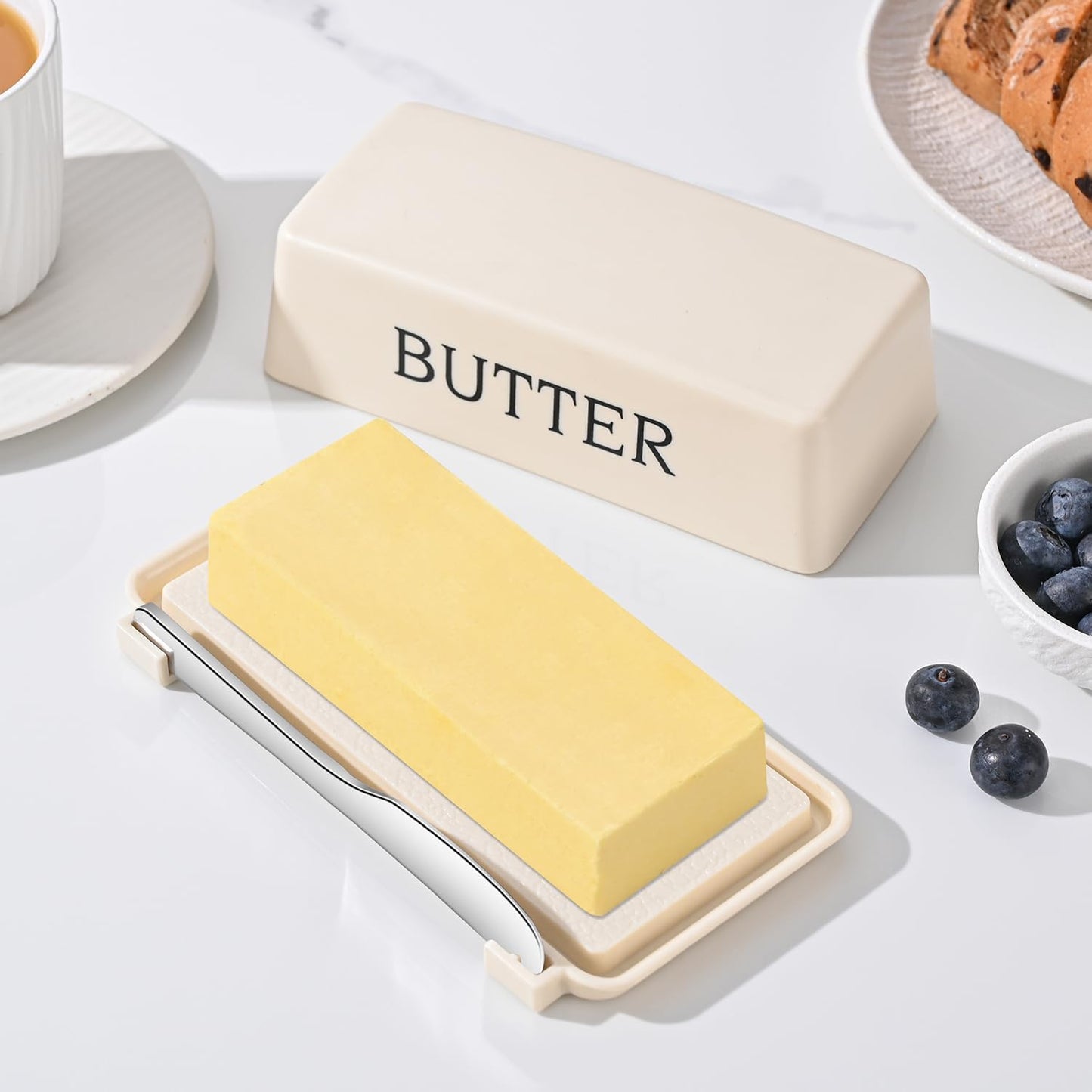 Butter Holder With Lid And Knife,Food Grade Plastic Butter Dish For Countertop,Large Butter Storage Container With Cover,White