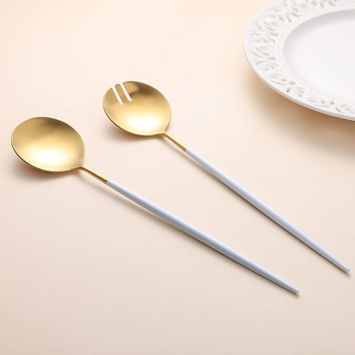 Salad Servers,Spoon and Fork Set 11.41 inch,18/10 Stainless Steel Salad Serving Titanium Plating (White gold)