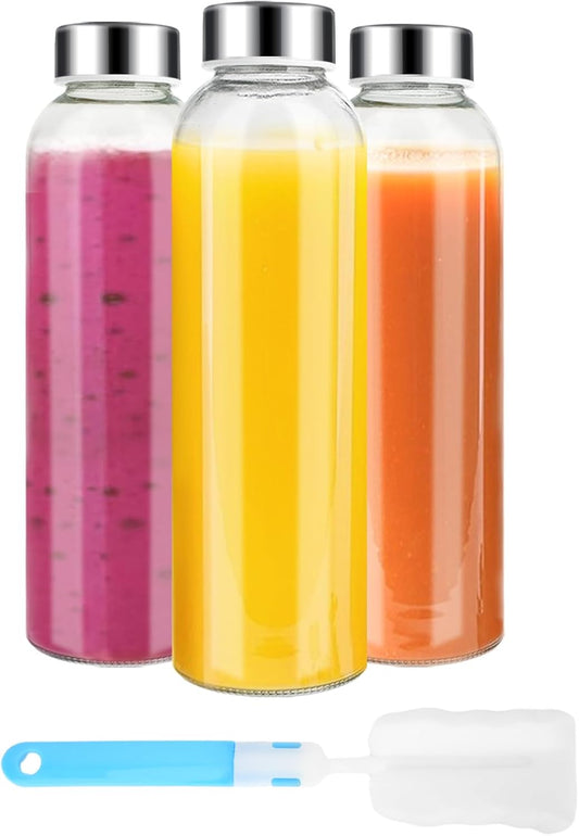 Clear Glass Bottles with Lids 18 oz, Reusable Glass Water Bottles with Stainless Steel Cap for Juicing, Refrigerator,100% Leak Proof, BPA Free, Set of 3