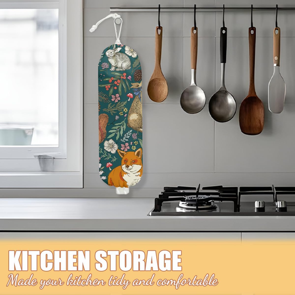 Forest Animals Plastic Bag Holder, Wall Mount Grocery Bag Holder, Plastic Storage bag, Pull Rope Free Adjustment, Plastic Bag Holders for Grocery Bags, Plastic Bag Dispenser for Home Kitchen Cabinet