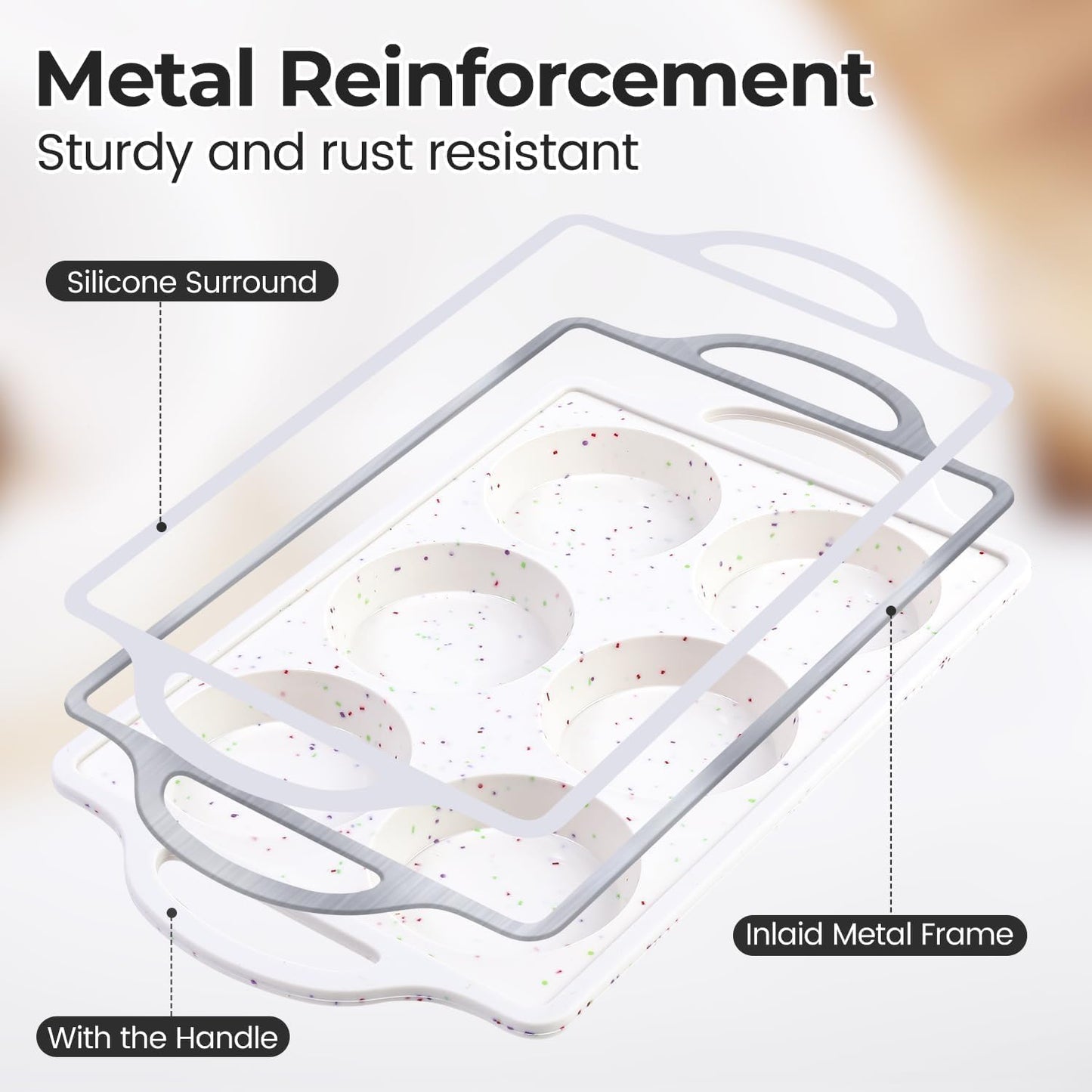 Muffin Top Pan Non Stick, Silicone Egg Molds for Breakfast Sandwiches 3 Inch Round Egg Baking Pan for Oven English Muffins, Whoopie Pies, Corn Bread, Tarts 2 Pack Confetti