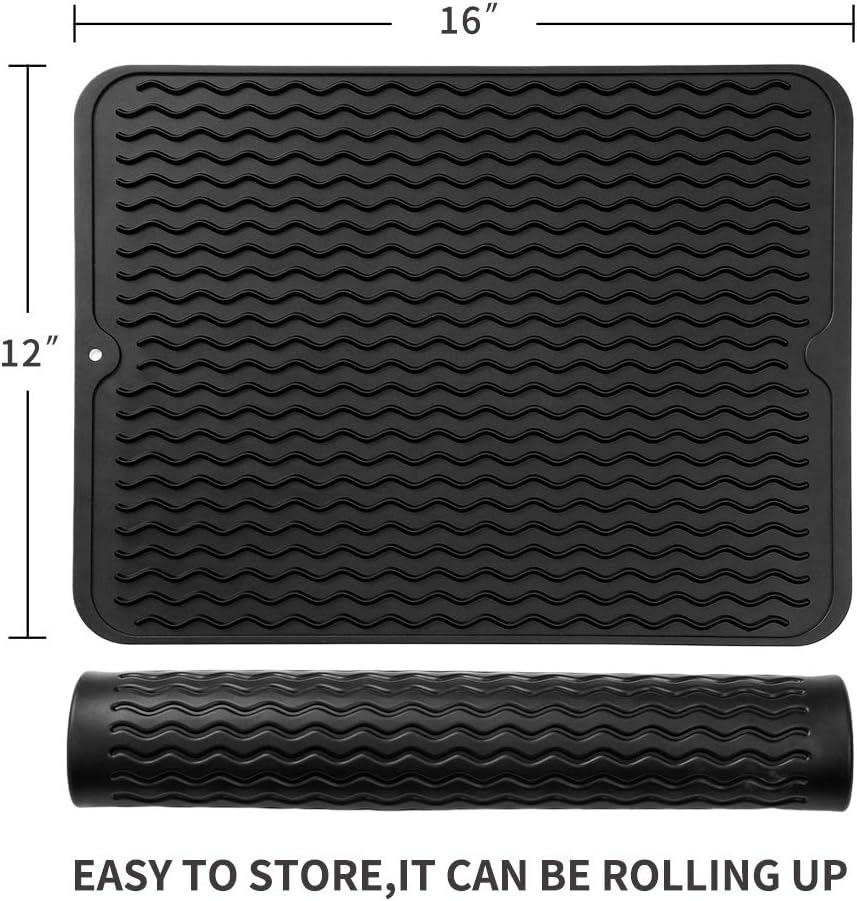 Silicone Dish Drying Mat for Multiple Usage,Easy clean,Eco-friendly,Heat-resistant Silicone Mat for Kitchen Counter or Sink,Refrigerator or drawer liner Black L 16 inches x 12 inches