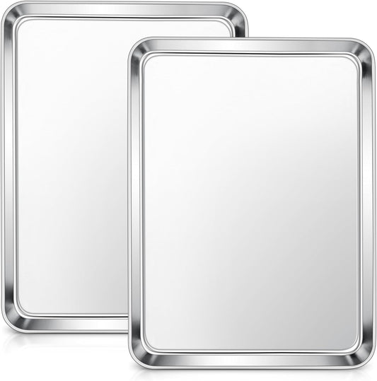 E-far Stainless Steel Baking Sheets, 12.4” x9.7” x 1” Baking Cookie Sheets Pans for Oven, Non-toxic Metal Trays for Cake Cookies, Healthy & Rust Free, Mirror Finish & Dishwasher Safe, 2 Pack
