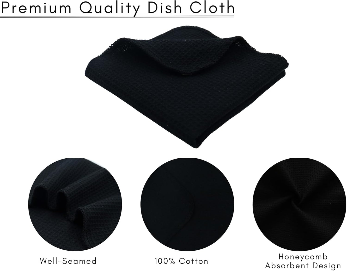 PurpleEssences Dish Cloths and Dish Rags - 8 Pack Waffle Weave Solid Kitchen Dish Wash Cloths, 100% Cotton, 12 x 12 Inches, Ultra Soft Absorbent Quick Drying - Spring Summer - Black