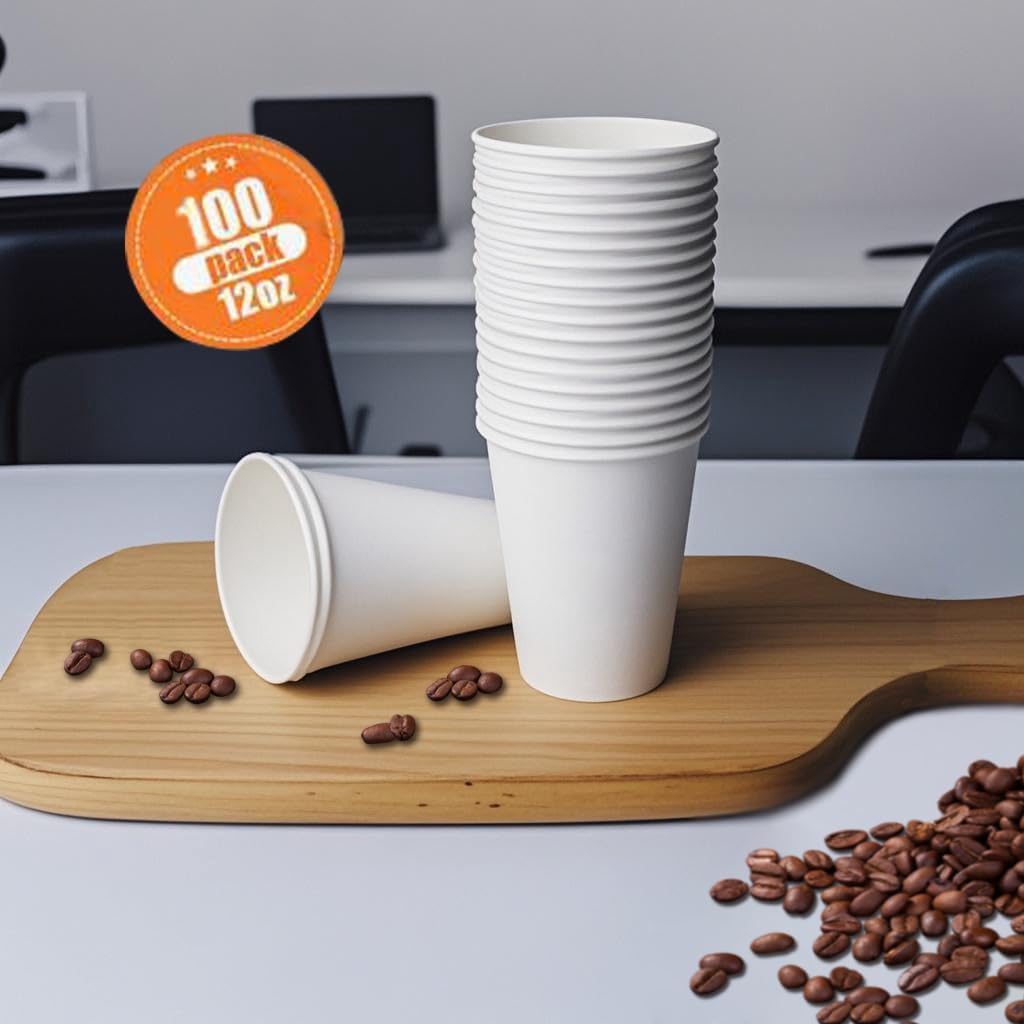 Paper Coffee Cups, 12 OZ Disposable Hot and Cold Cups, Leak-Proof White Cups for Coffee, Tea, Ideal for Home, Office, and Events (100 Count)