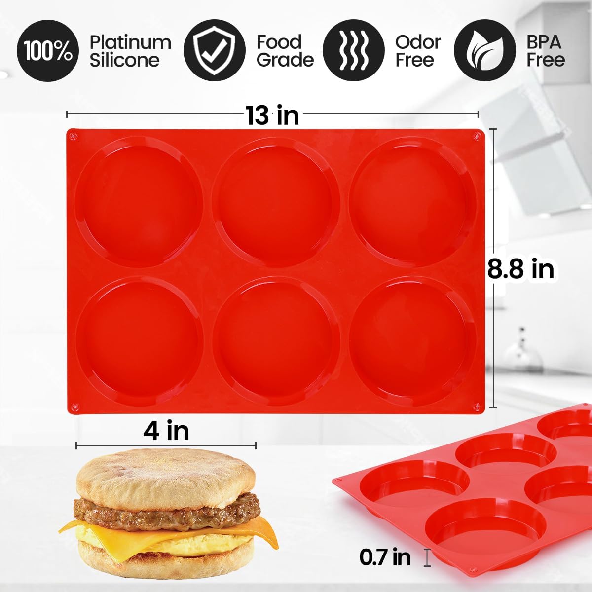 CAKETIME 4 Inch Muffin Top Pan, Silicone Egg Molds for Breakfast Sandwiches Jumbo Round Baking Pan for Oven English muffins, Whoopie Pies, Corn Bread, Egg bites, Tarts 4 Pack Red