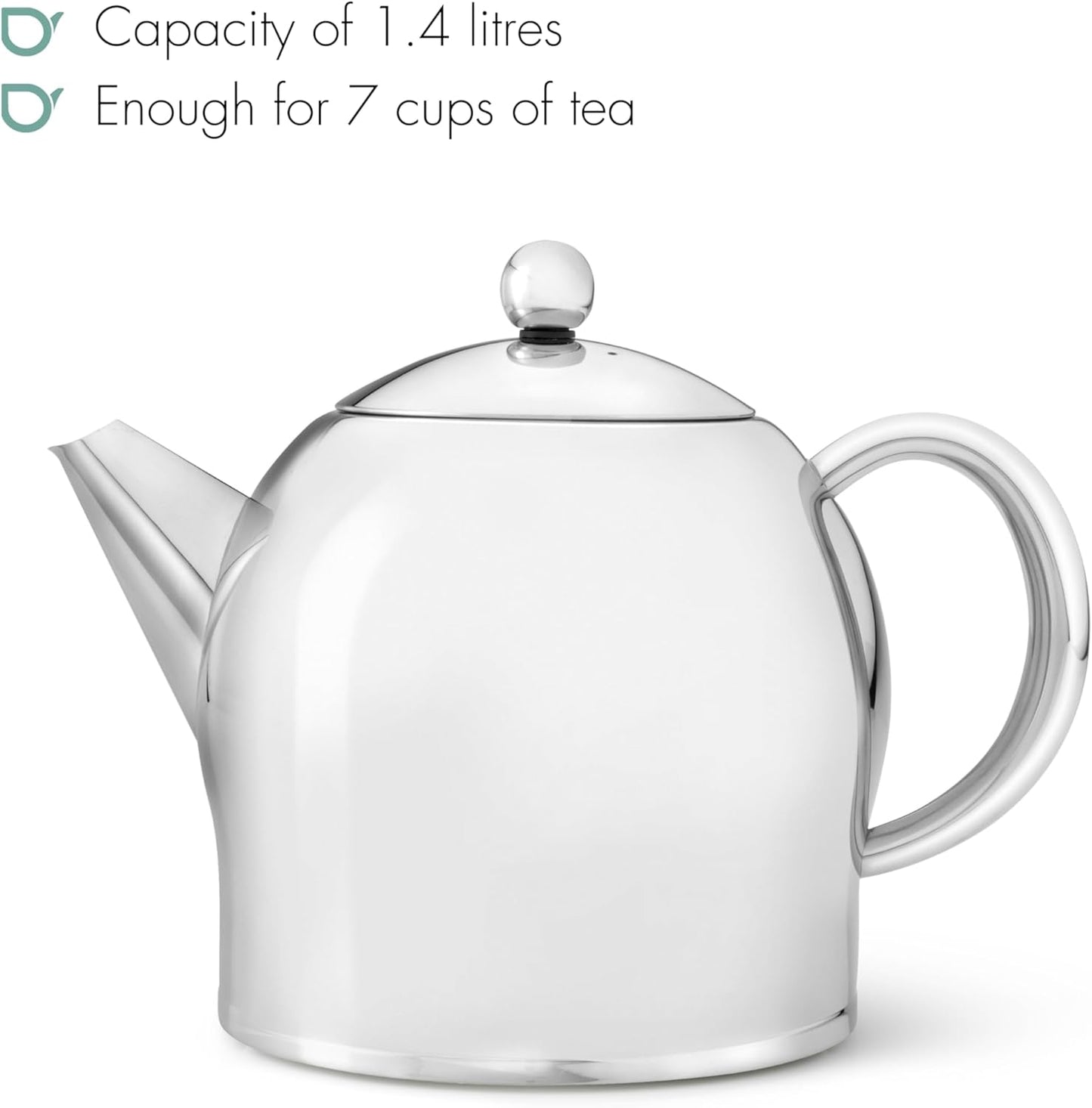 Santhee Double Walled Teapot, 1.4-Liter Stainless Steel Glossy Finish with Glossy Accents