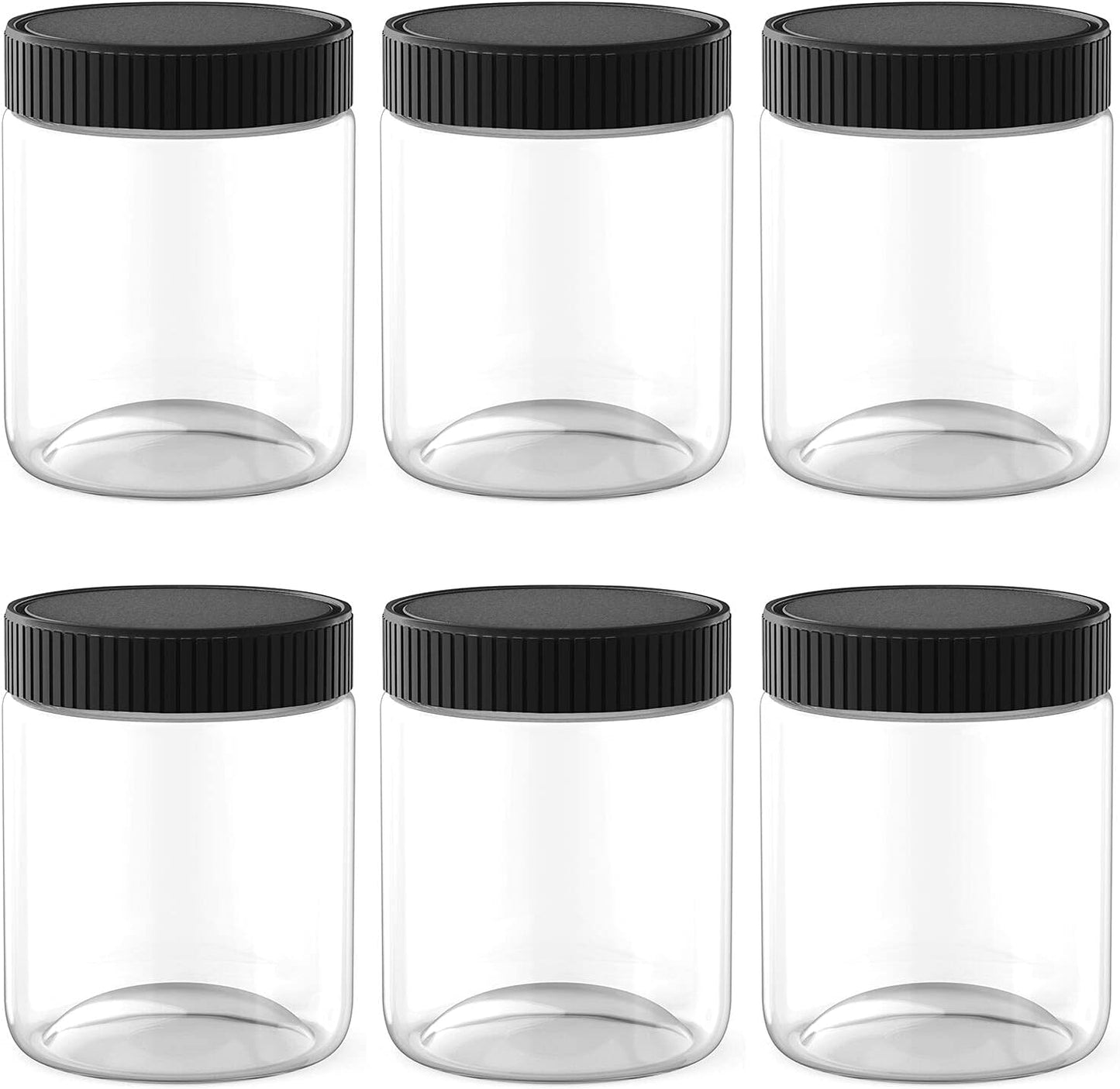 8 Oz Clear Plastic Jars with Black Lids Refillable Kitchen Storage Containers for Dry Food, Coffee, Nuts and More, 6 Pack
