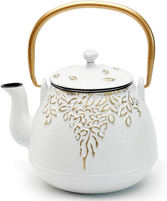 Tea Kettle, TOPTIER Japanese Cast Iron Teapot with Infuser for Loose Leaf and Tea Bags, Stovetop Safe Cast Iron Tea Kettle Coated with Enameled Interior for 40 oz (1200 ml), White