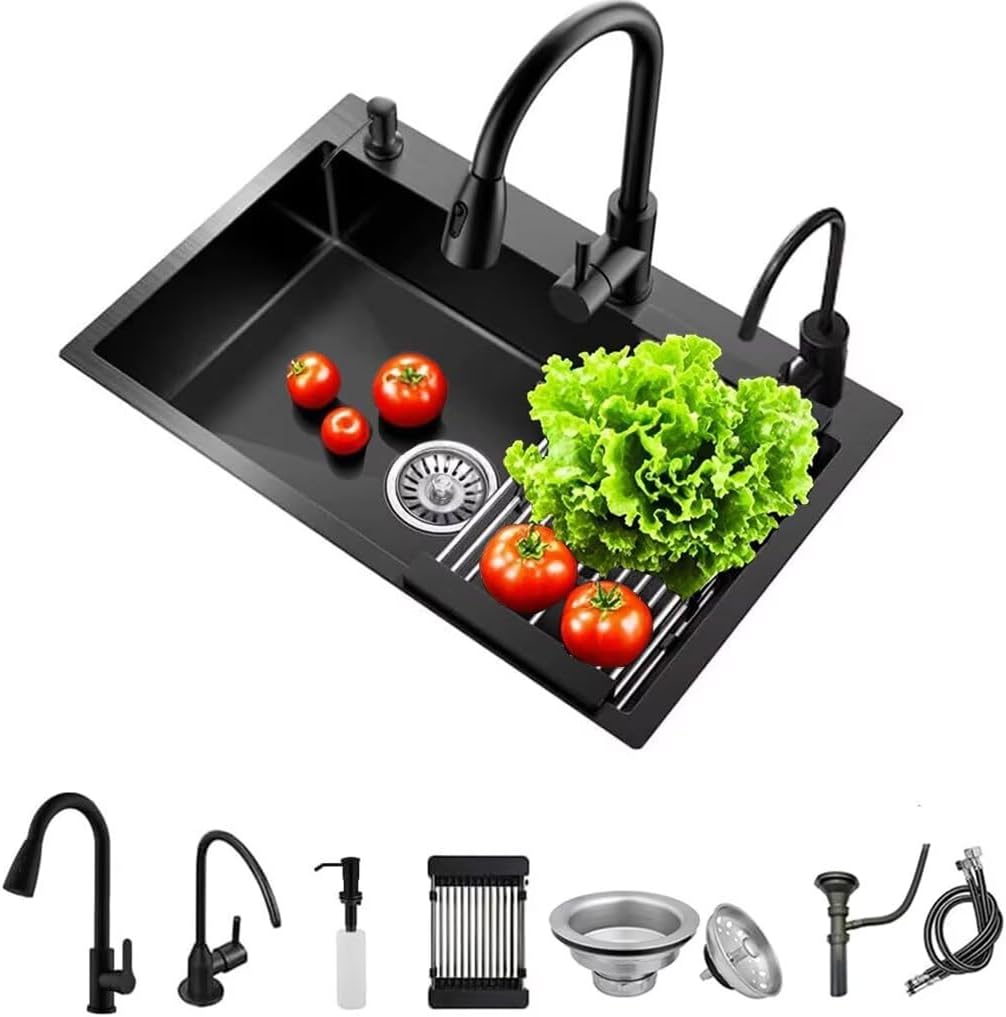 Black Drop in Kitchen Sink, Stainless Steel Single Bowl Sink with 3 Holes, Topmount Workstation Sink, Farmhouse Rectangle Basin with Multiple Accessories (28.3 * 17.7 * 7.9in)