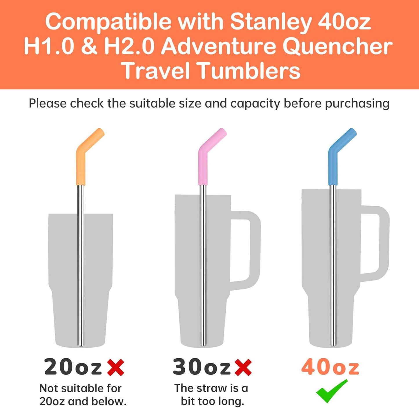 Tomorotec 6PCS Silicone Tip Stainless Steel Straws for 40oz Stanley Tumblers with 2 Cleaning Brushes, 13" Long BPA-Free Healthy & Safe for Outdoor & Home Use, Enhances Drink Enjoyment (Macaron Colors)