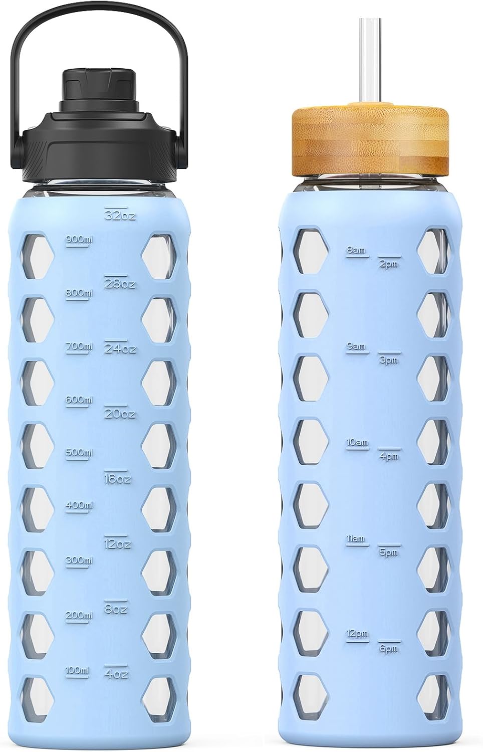 MUKOKO Glass Water Bottles,32oz Glass Tumbler with Straw,Drinking Bottles with 2 Lids-Handle Spout Lid&Bamboo Straw Lid,Motivational Water Bottle with Time Marker and Silicone Sleeve,1 Pack-Glacier