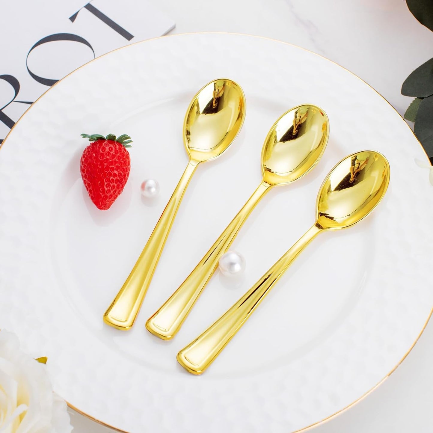 WDF 100 Pack Gold Plastic Spoons Disposable - Durable Heavy Duty 6.9 Inch Gold Spoons, Heat Resistant Modern Disposable Spoons Perfect for Parties, Wedding, Banquets