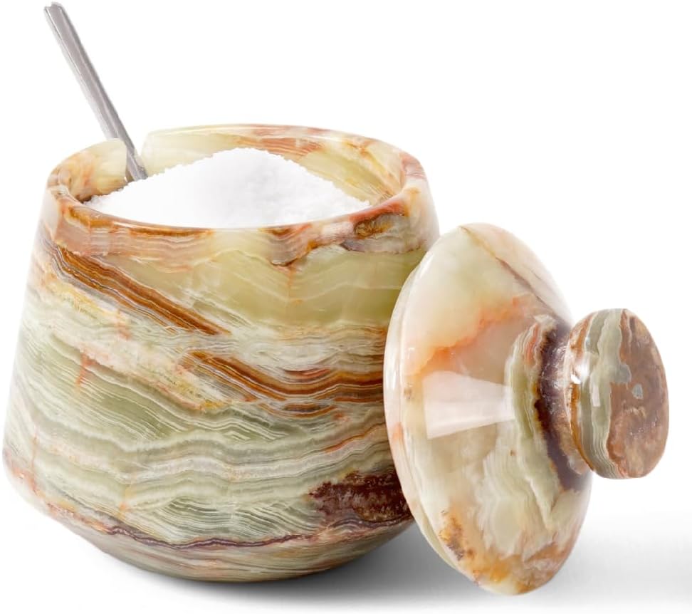 Marble Salt Cellar With Lid & Spoon Green Onyx 4" Salt Box, Stone Salt Container & Spice Jars, Stone Salt Holder for Counter, Spice Jar & Salt Jar