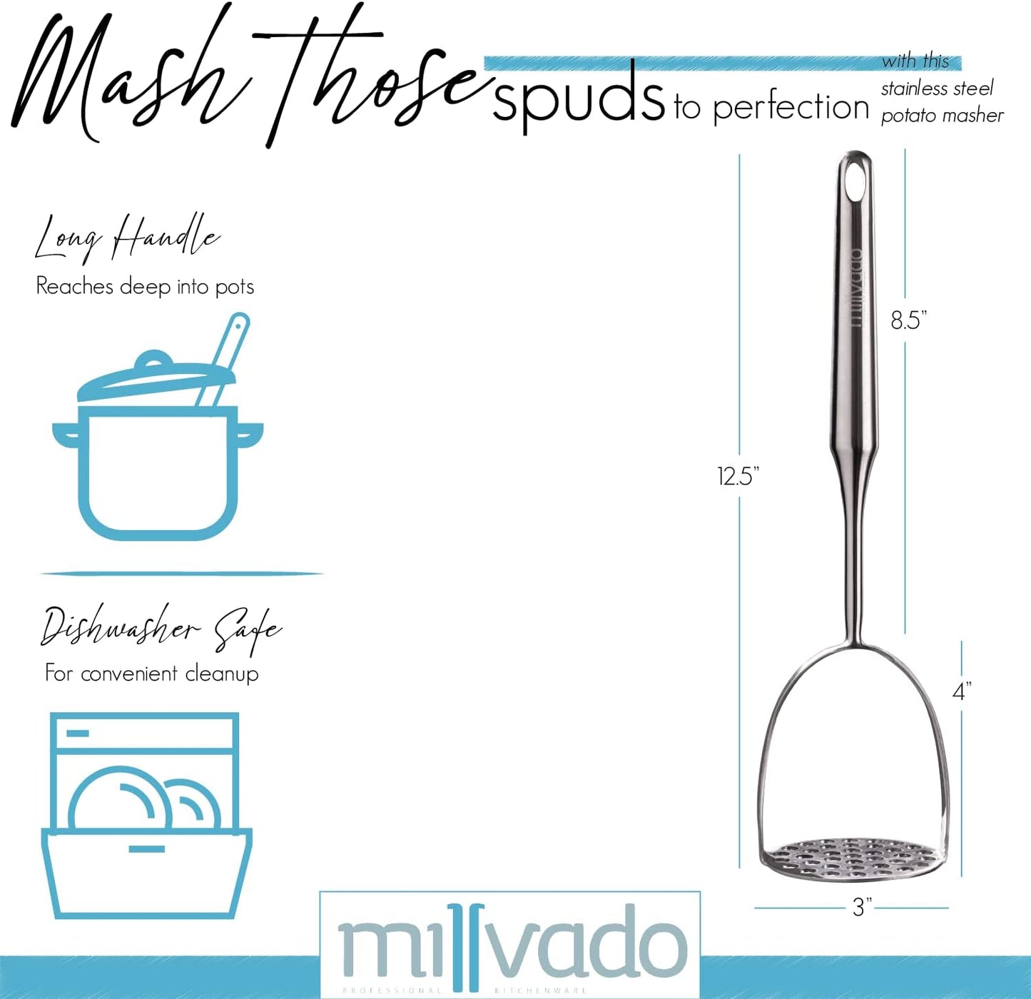 Potato Masher Stainless Steel, Best Mashed Potatoes Masher Kitchen Tool, Potato Smasher For Potatoe, Avocado, Sweet Potato, Beans, Large Heavy Duty Metal Mashing Utensil, 12.5 Inch