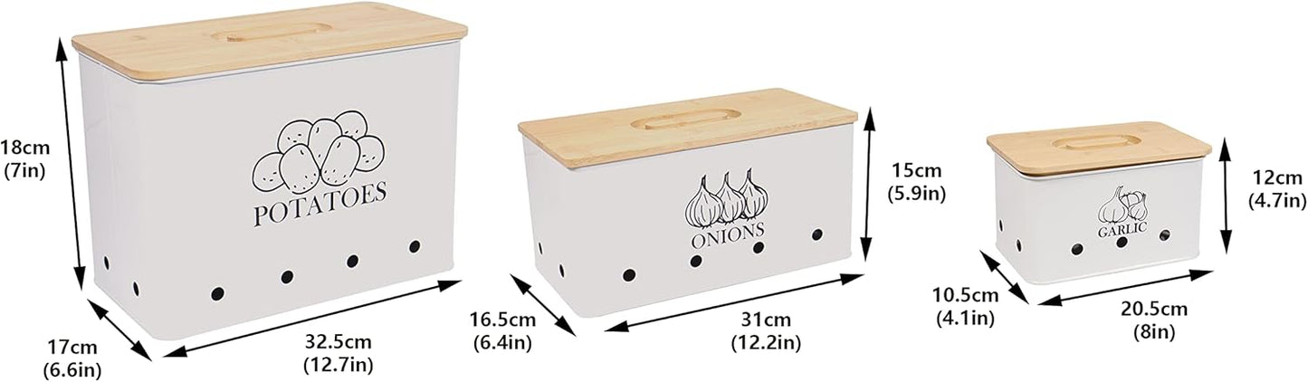 Kitchen Vegetable Storage Tins Set of 3 for Potato Onion & Garlic with Wooden Lid, Kitchen Storage Canisters Set, Long Shelf Life - White