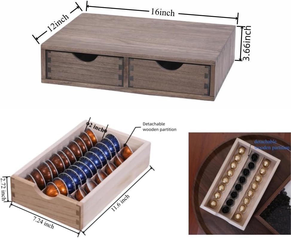 Coffee Pods Storage Drawer Holder for Capsules - Multi Functional Desk Organizer Drawers For K-Cup Coffee Maker Brew - Kitchen Mini Wooden Box Chest Sideboard Counter Organization CF1D2C Dark