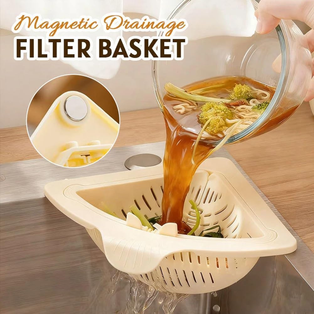 Magnetic Drainage & Filter Basket, Punch-Free Triangular Sink Strainer with Twist-Open Bottom, Strong Magnetic Fixation, Corner Kitchen Organizer for Washing Fruits & Vegetables(Color a)