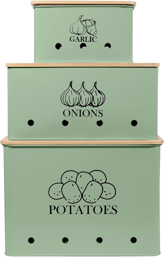 Kitchen Vegetable Storage Tins Set of 3 for Potato Onion & Garlic with Wooden Lid, Kitchen Storage Canisters Set, Long Shelf Life - Green