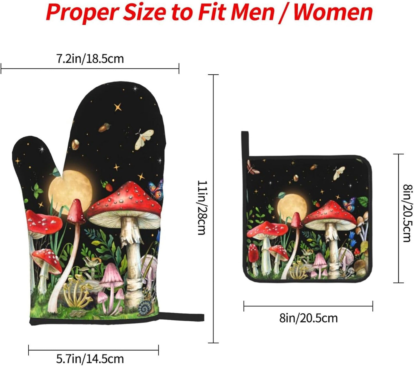 Cute Mushroom Oven Mitts and Pot Holders Sets of 3 Holiday Kitchen Decor Heat Resistant Witchy Hot Pads Oven Gloves for Cooking Grilling Baking