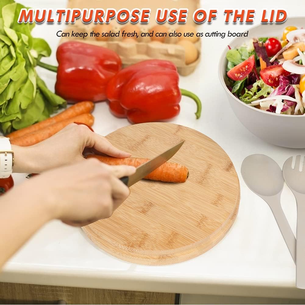 ShineMe Large Salad Bowl with Lid, Bamboo Fiber Salad Serving Bowl Set with Utensils, 9.8inches Mixing Bowl with Servers, Solid Bamboo Wooden Bowl for Salad, Fruits, Vegetables and Pasta(White)