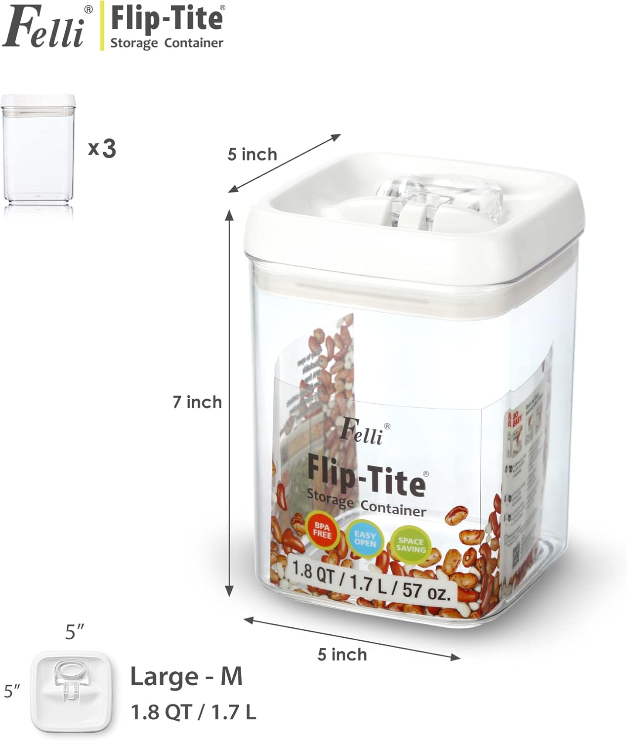 Felli Flip Tite Food Storage Containers With Lid 5" LARGE Airtight Ring Lock Flip Top, Square Acrylic Canister Jar for Rice Sugar Flour Protein Powder, Kitchen Pantry Organizer, Gift Set (1.8qt)