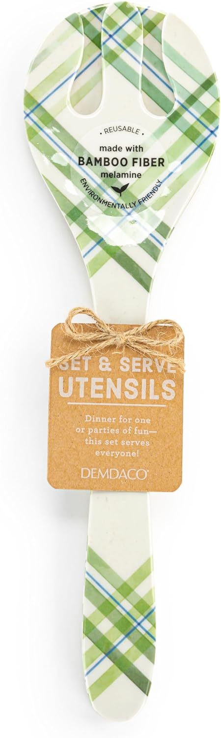 DEMDACO Green Tartan Plaid - 11 Inch Green/White Melamine Spoon Fork Salad Server Set