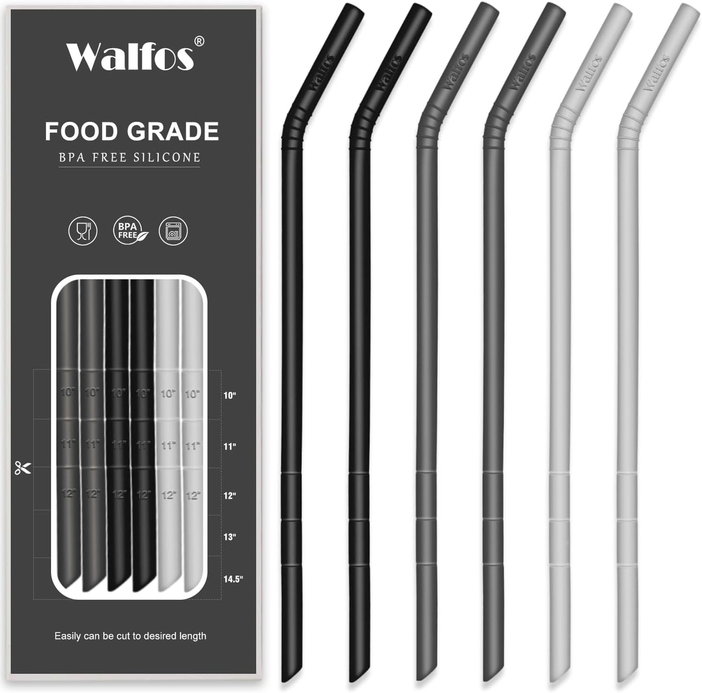 Walfos Reusable Silicone Straws -10.5 Inch Flexible Drinking Bendy straws for Smoothies/20 & 30 oz Tumblers, BPA Free (6 pcs Wide + 1 Cleaning Brushes ）
