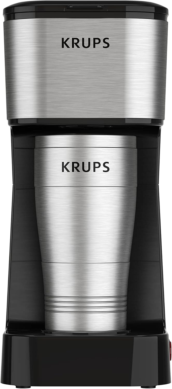 KRUPS: 2 Cup Coffee Maker, Simply Brew Stainless Steel Single Serve Drip Coffee Machine and Travel Tumbler 14 Ounce Stainless Steel Tumbler Included 650 Watts Coffee Filter, Compact Silver and Black