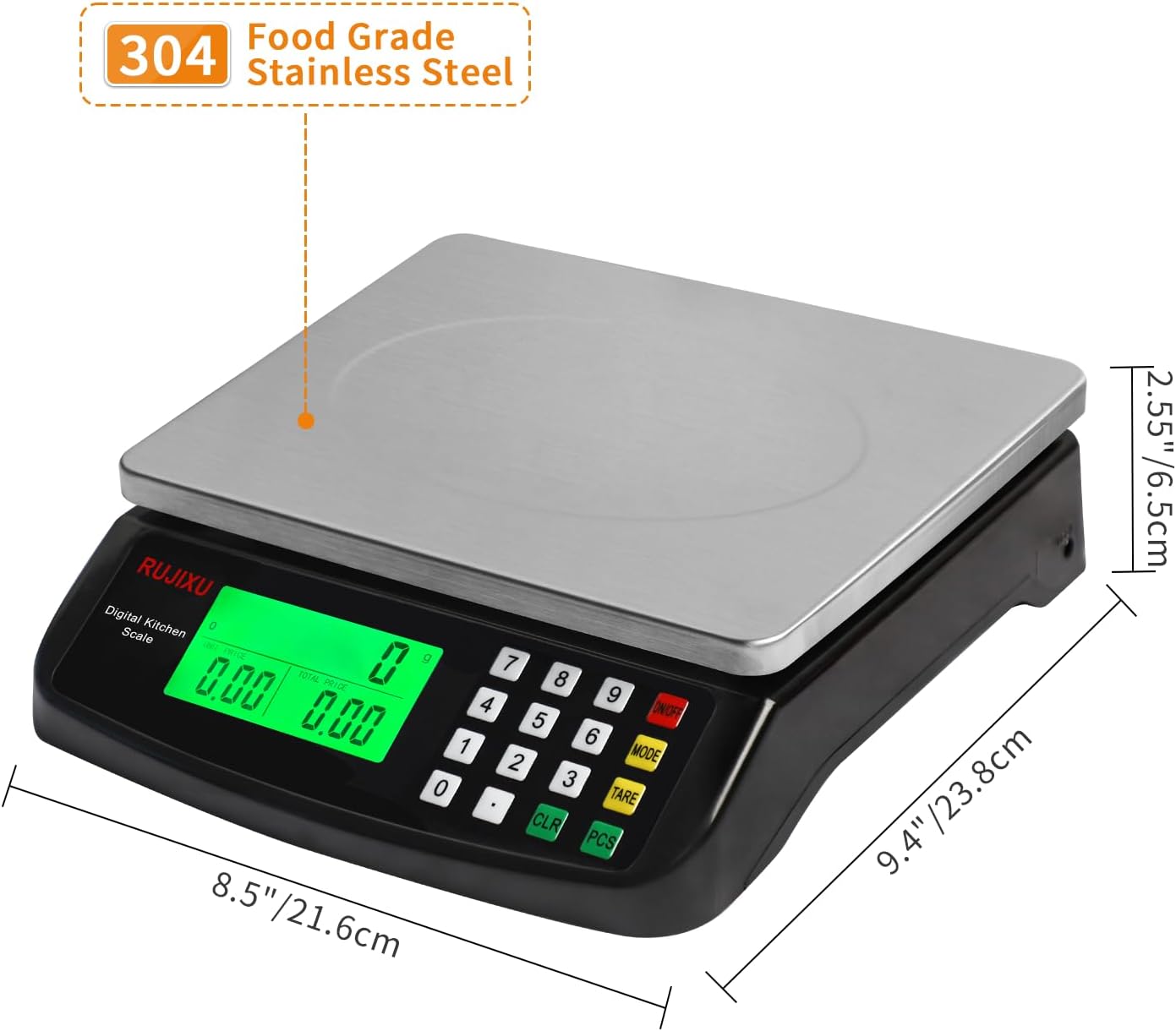 Large Digital Kitchen Scale Black 30kg/66lb Commercial Food Scale Stainless Steel with LCD Display Price Computing Scale for Restaurant Baking Bread Meat Prep Counting Scale for Parts and Coins