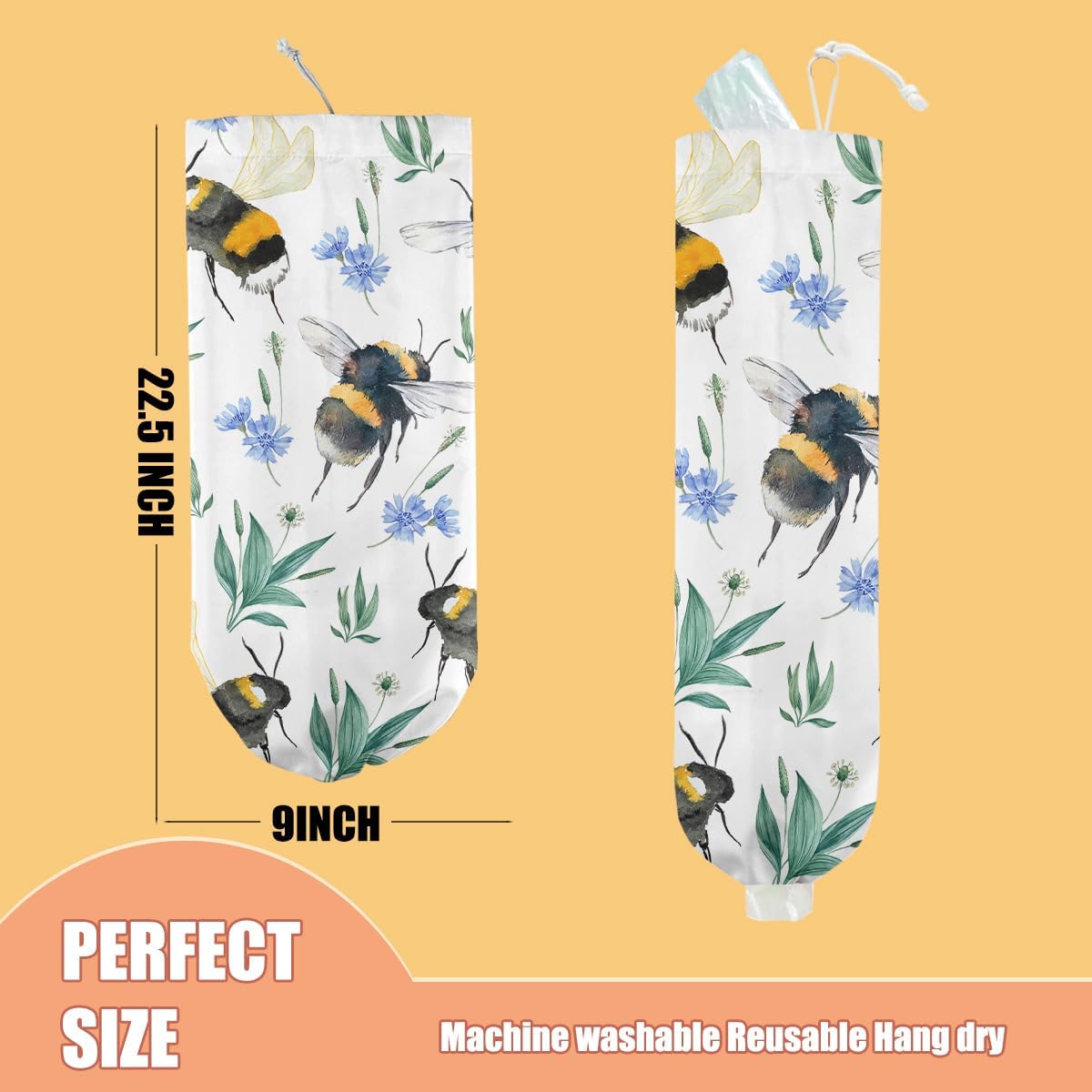 Bee Plastic Bag Holder, Wall Mount Grocery Bag Holder, Plastic Storage bag, Pull Rope Free Adjustment, Plastic Bag Holders for Grocery Bags, Plastic Bag Dispenser for Home Kitchen