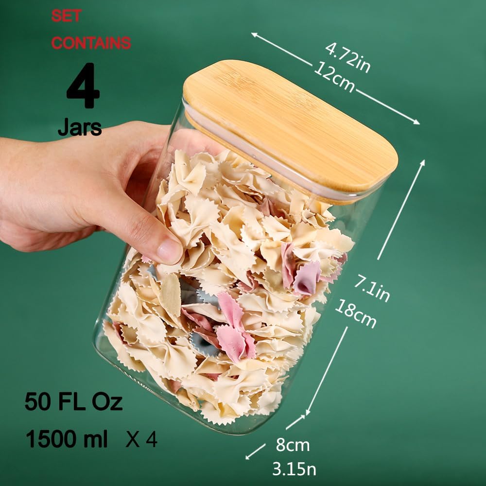 Glass Food Storage Containers with Lids 50 OZ, Set of 4 Canisters for Pantry, Cereal, Flour & Rice, Rectangle Jar with Bamboo Airtight Lids - Ideal for Kitchen Organization
