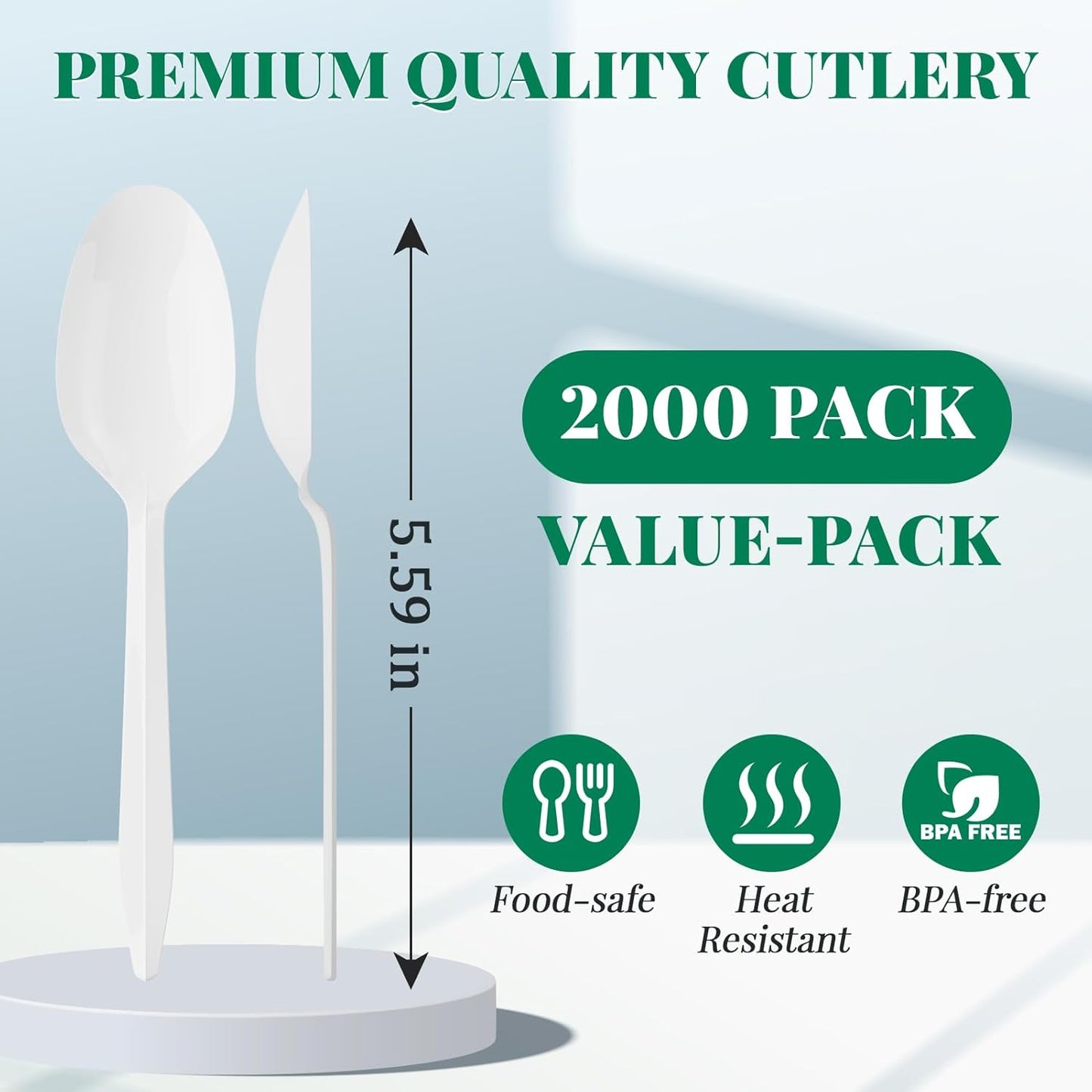 FOCUSLINE 2000 Pack White Plastic Spoons Bulk, Heat Resistant Disposable Teaspoons, Plastic Silverware for Take out Restaurants, Parties, Picnics, Travel & Any Events