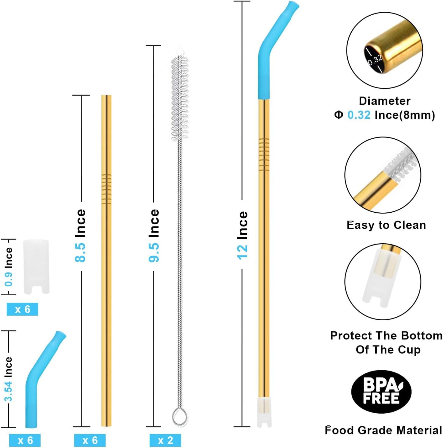 Newly Upgraded 8.5In Reusable Stainless Steel Straws Set 6 PCS with12 Silicone Accessories, 2 Straw Brush, 1 Storage Case, BPA Free, Eco-Friendly Metal Straws for 14, 20, 30,40 oz Tumbler