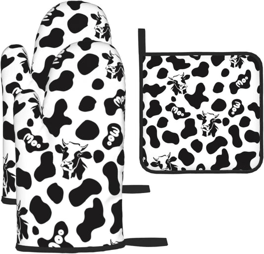 Cow Print Oven Mitts and Pot Holders Sets Heat Resistant for Kitchen BBQ Microwave Baking Grilling Cooks Set of 3 Black White Kitchen Oven Glove