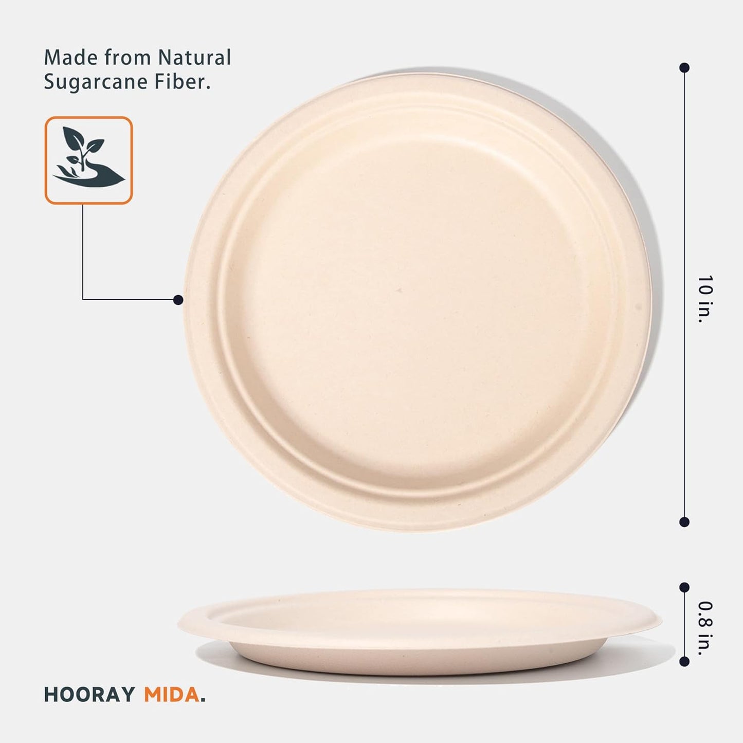 100% Compostable Plates - 125-Count Heavy Duty, Biodegradable Bagasse Plates - Eco Friendly and Sustainable (Natural, 10 inch)